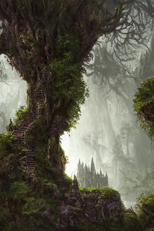 Image similar to fairy palace-castle, towers, gnarly trees, lush vegetation, forrest, landscape, raphael lacoste, eddie mendoza, alex ross, concept art, matte painting, highly detailed, rule of thirds, dynamic lighting, cinematic, detailed, denoised, centerd