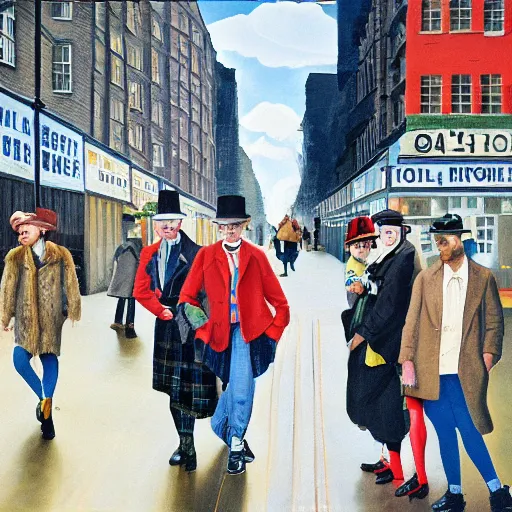 Image similar to oil painting of mornington crescent, rain in the southeast, men wearing bowler hats, kids with spats on their shoes, ladies with chauffeurs, dogs wearing hats and jackets, rich apartments, old punk posters, tartan garments, by neo rauch, by peter blake