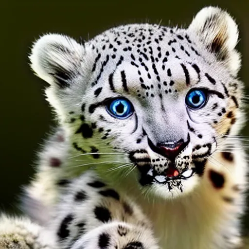 Image similar to very very very very very very cute chibi baby snow leopard playing, portrait, stunning eyes, swatting at air, pixar style, forest background, cinematic lighting, award winning creature portrait photography