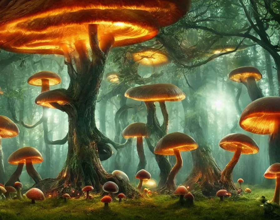 Prompt: a weird magical forest with giant glowing mushrooms made entirely out of human brains. Highly detailed. 8k. Fantasy horror.