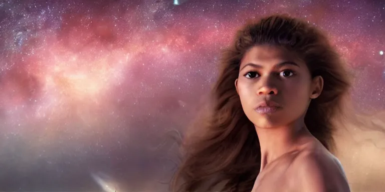 Prompt: film still of unrealistically curvy zendaya, focus on facial - detail!!!!!!, walking on the bifrost, toward an endless abyss in space, wearing a flowy bikini inspired by ancient roman clothing, beautiful astronomical background with galaxies and nebulas, lack of sunlight, 8 k resolution, cinematic lighting, anatomically correct, by christopher nolan