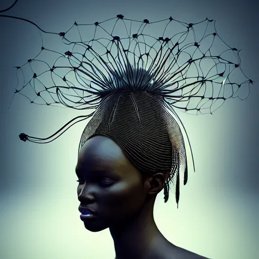 Image similar to lost in paradise hyperdetailed illustration by irakli nadar, adut akech, matt wisniewski style, intricate linework, dark black skin, box jellyfish headdress, unreal engine 5 highly rendered,