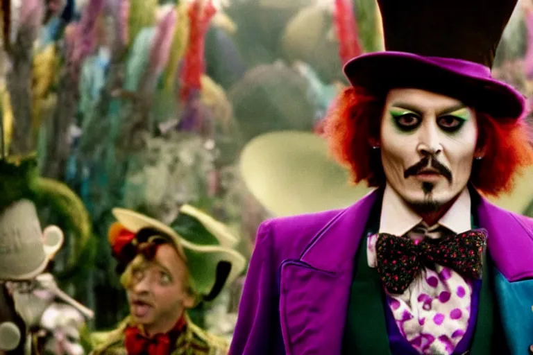 Image similar to cinematic still of deranged johnny depp playing the mad hatter in willy wonka & the chocolate factory film directed by tim burton, movie still, long lens, shallow depth of field, bokeh, anamorphic lens flare