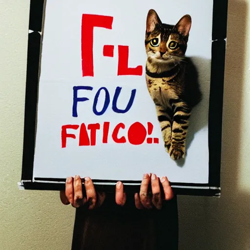 Prompt: realistic high quality photo of a cute cat in jail holding a sign with text that reads : falconi, falcon, f a l c o n i