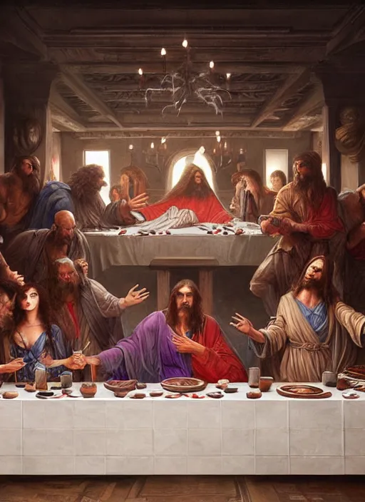 Image similar to the last supper beautiful painting by mark brooks and greg rutkowski and evelyn de morgan, highly detailed, illustration, epic, fantasy, intricate, hyper detailed, artstation, concept art, smooth, sharp focus, ray tracing