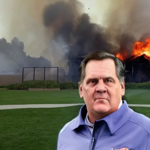 Prompt: a photo of a house burning down in the background and coach belichick with an blank expression in the foreground, strong depth of field