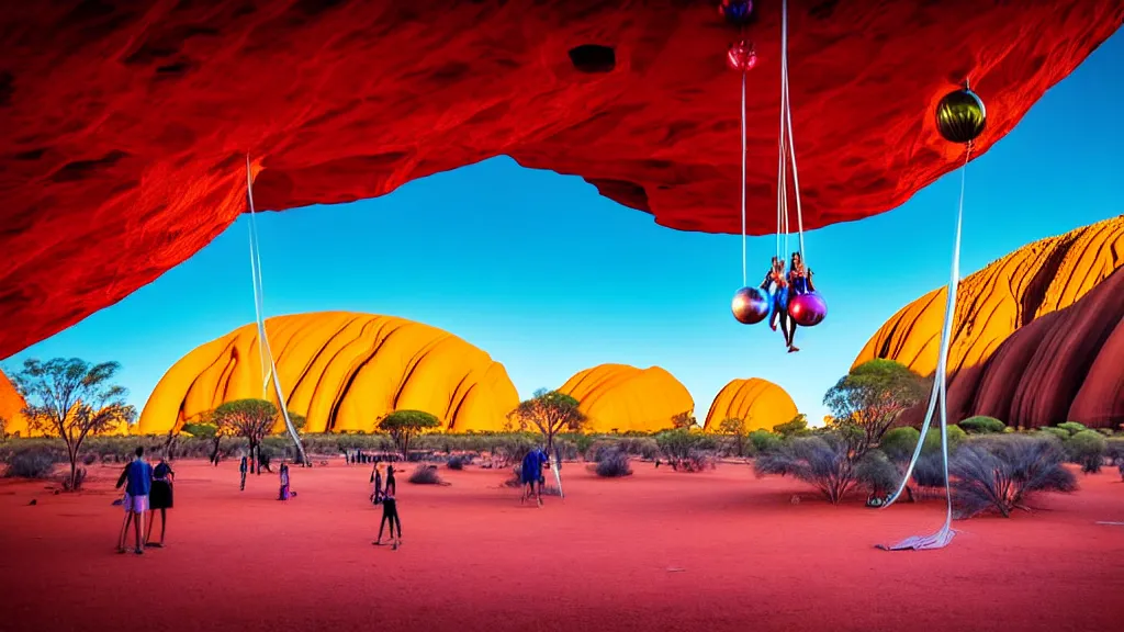 Prompt: large colorful futuristic space age metallic steampunk balloons with pipework and electrical wiring around the outside, and people on rope swings underneath, flying high over the beautiful uluru in central australia city landscape, professional photography, 8 0 mm telephoto lens, realistic, detailed, photorealistic, photojournalism