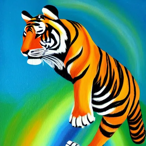 Image similar to painting of tiger running on rainbow