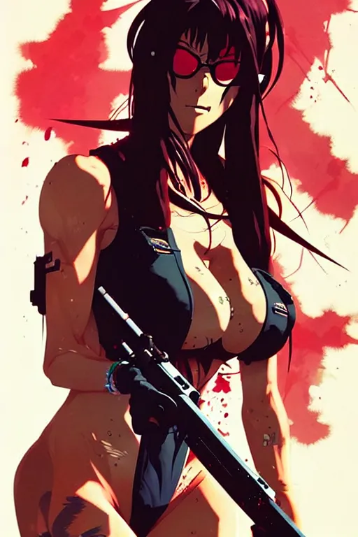 Prompt: a ultradetailed beautiful panting of revy from black lagoon, by conrad roset, greg rutkowski and makoto shinkai, trending on artstation