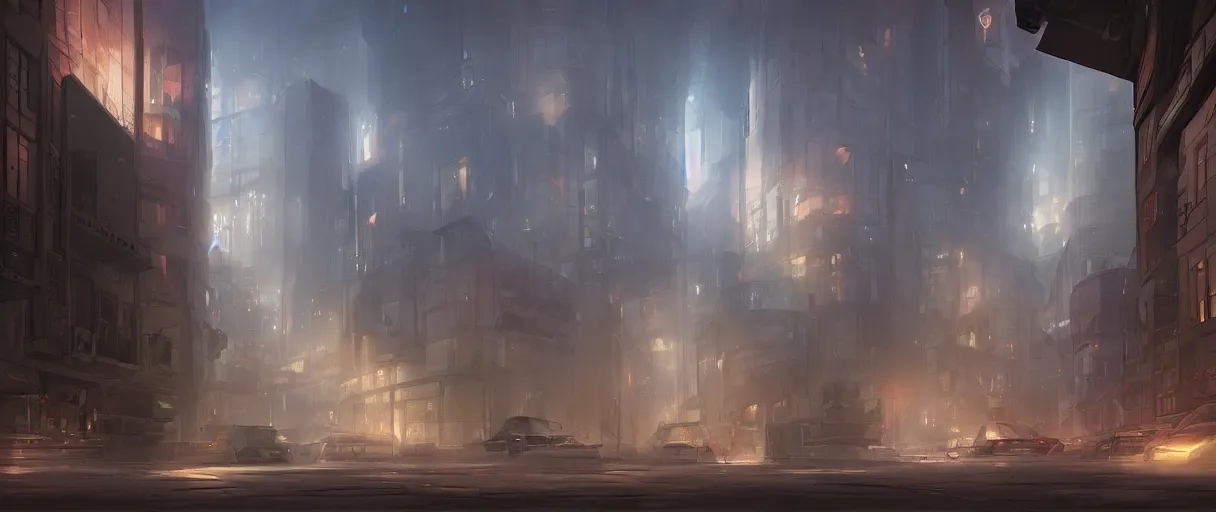 Image similar to german city, Berlin, concept art, digital painting, style of jordan grimmer, futuristic, volumetric lighting