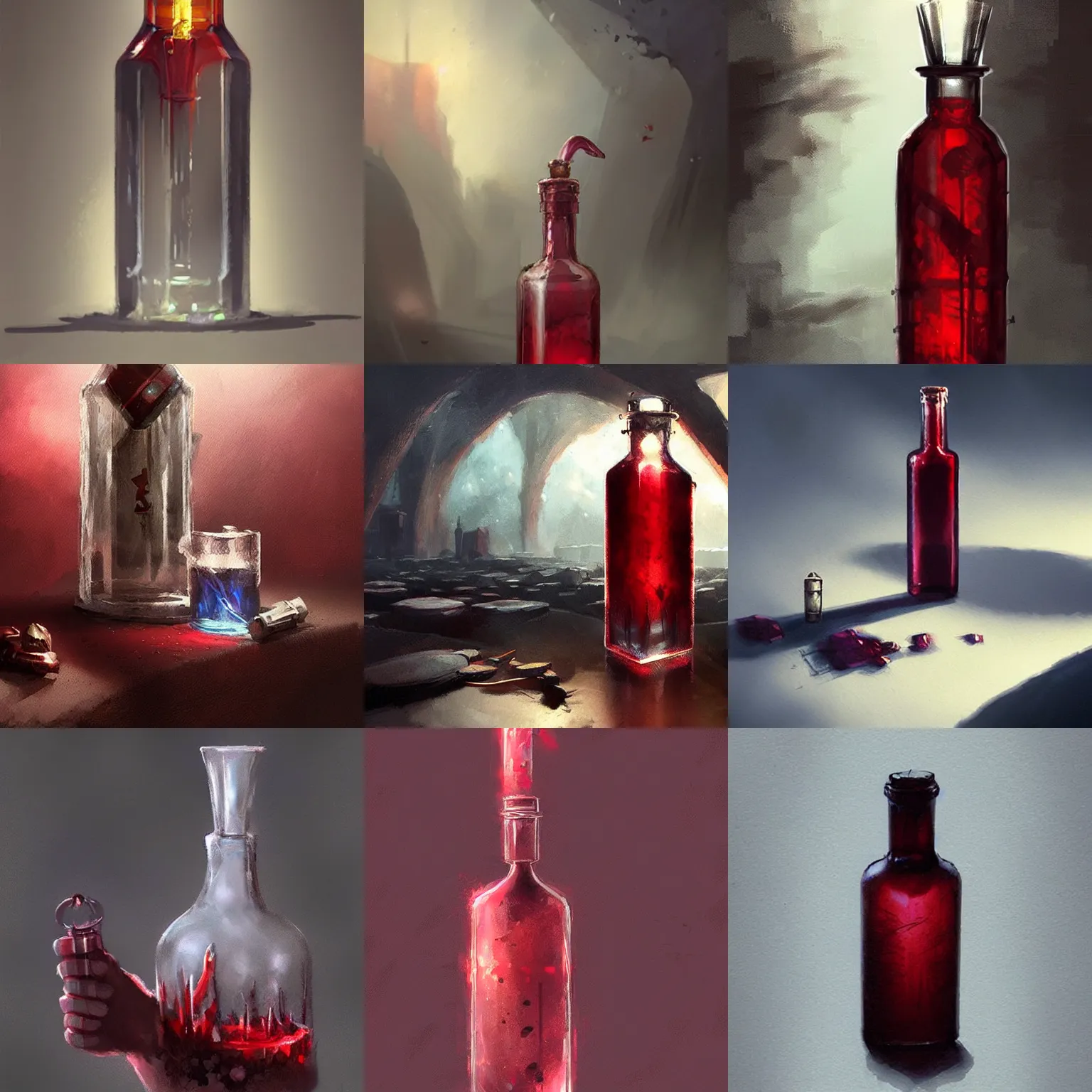 Prompt: a glass vial of magical red potion, concept art by greg rutkowski trending on artstation