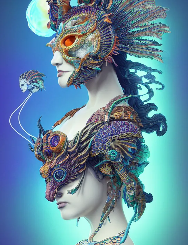 Image similar to 3 d goddess close - up profile solarpunk portrait ram skull. beautiful intricately detailed japanese crow kitsune mask and clasical japanese kimono. betta fish, jellyfish phoenix, bio luminescent, plasma, ice, water, wind, creature, artwork by tooth wu and wlop and beeple and greg rutkowski