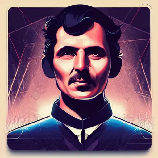 Image similar to majestic futuristic visionary inventor nikola tesla profile picture by sachin teng, masterpiece, organic painting, matte painting, technical geometrical drawing shapes, lightning electricity coil, hard edges, graffiti, street art by sachin teng