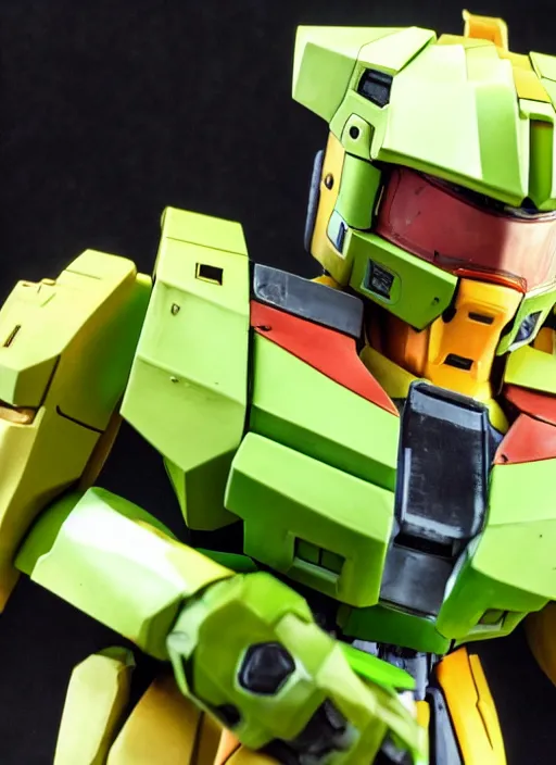 Prompt: master chief gundam, green armor, yellow visor