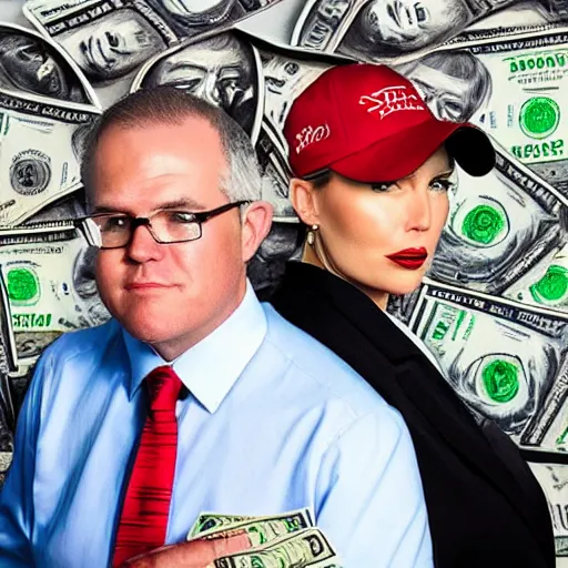 Prompt: scott morrison and jacinda ardent on a nineties rap album cover. they are a married couple and are throwing money in the air and smoking cigars. also they are wearing caps backwards.