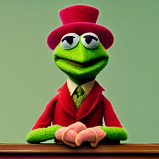 Prompt: kermit the frog, from the grand budapest hotel, kodachrome