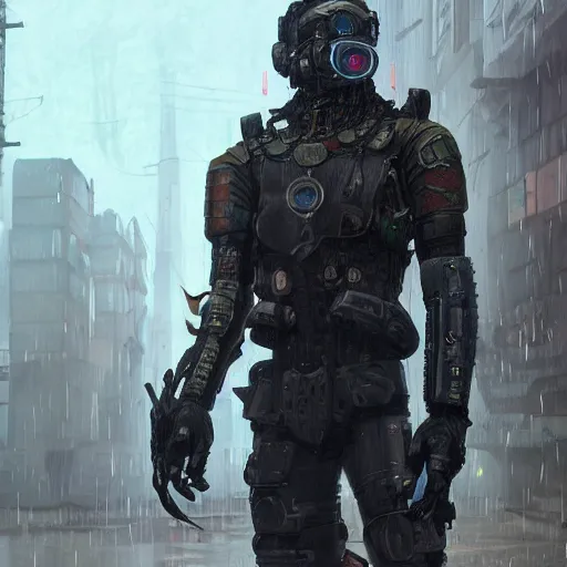 Image similar to a cyberpunk soldier in heavy armor on a crowded street in the rain, au naturel, hyper detailed, digital art, trending in artstation, cinematic lighting, studio quality, smooth render, unreal engine 5 rendered, octane rendered, art style by klimt and nixeu and ian sprigger and wlop and krenz cushart intricate artwork by Tooth Wu and wlop and beeple. octane render, trending on artstation, greg rutkowski very coherent symmetrical artwork. cinematic, hyper realism, high detail, octane render