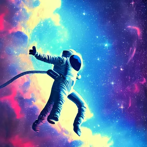 Prompt: Art Deco image of an amazed astronaut floating near a nebula. 8k resolution. Digital Art.