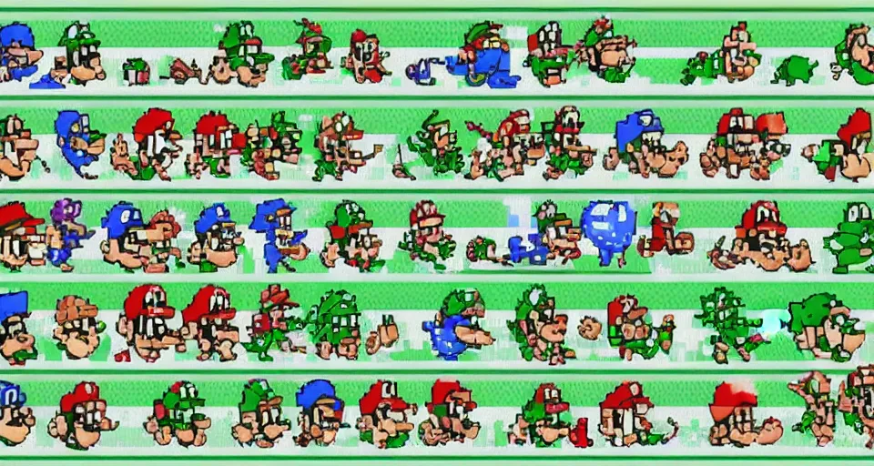 Image similar to sprite sheet of mario bros, 8 k, very high resolution, pixelart, processing, extremely hyperdetailed