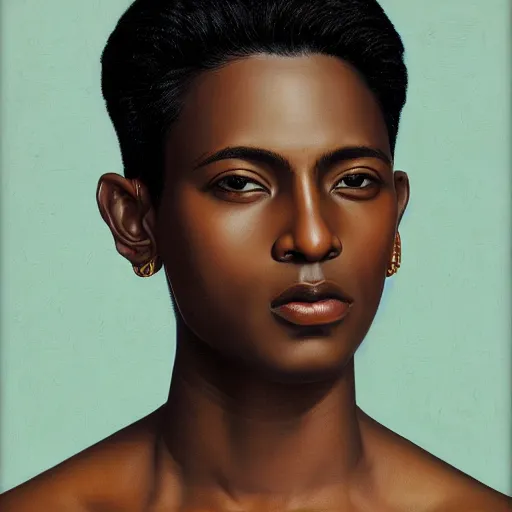 Image similar to A portrait of a slender stylish and attractive non-binary person, dark skin tone, Indian, oil painting by Kehinde Wiley, majestic, detailed, high resolution