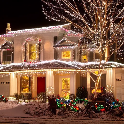 Image similar to a big wonderful house in the american suburbs decorated in christmas lights, shot from across the street, during the night, snow is falling to the ground
