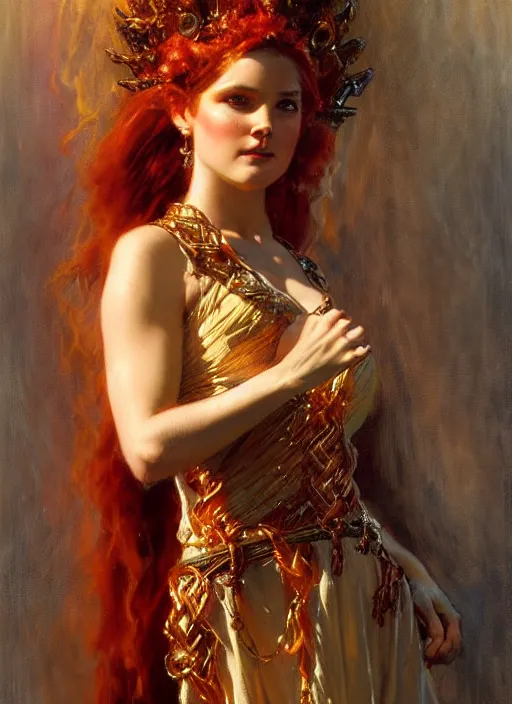 Image similar to young celtic woman, goddess of fire, flowing gown, smug expression, highly detailed painting by gaston bussiere, craig mullins, j. c. leyendecker 8 k full length