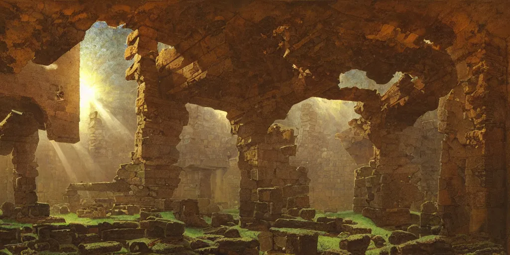 Prompt: Fractal antique ruins, high detail, crepuscular ray, light through the mist, dramatic lighting, by Grant Wood, by Bekzinsky, by Salvador Dali, by Antoni Gaudi, by Maxfield Parrish, by Nicholas Roerich, by H.R. Giger