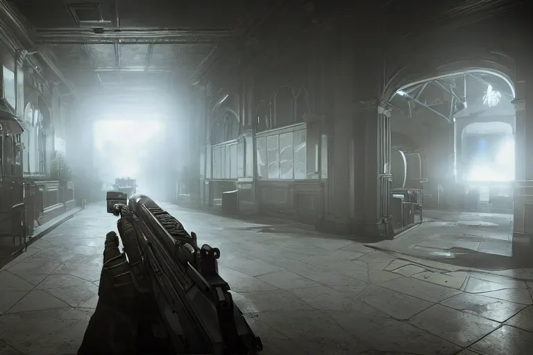 Prompt: a first person shooter game trailer on a victorian shopping mall, cinematic lightning, ray tracing, unreal engine 5, photorealistic, first person point of view, fps game concept art, detailed, moody, foggy