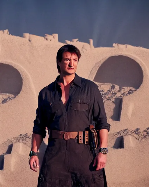 Image similar to nathan fillion as a sandcastle, beautiful composition, cinematic lighting