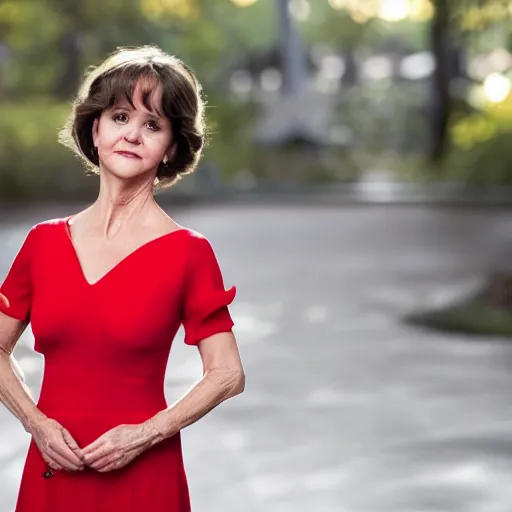 Prompt: dslr portrait still of young sally field wearing a beautiful red dress, 8 k 8 5 mm f 1. 4