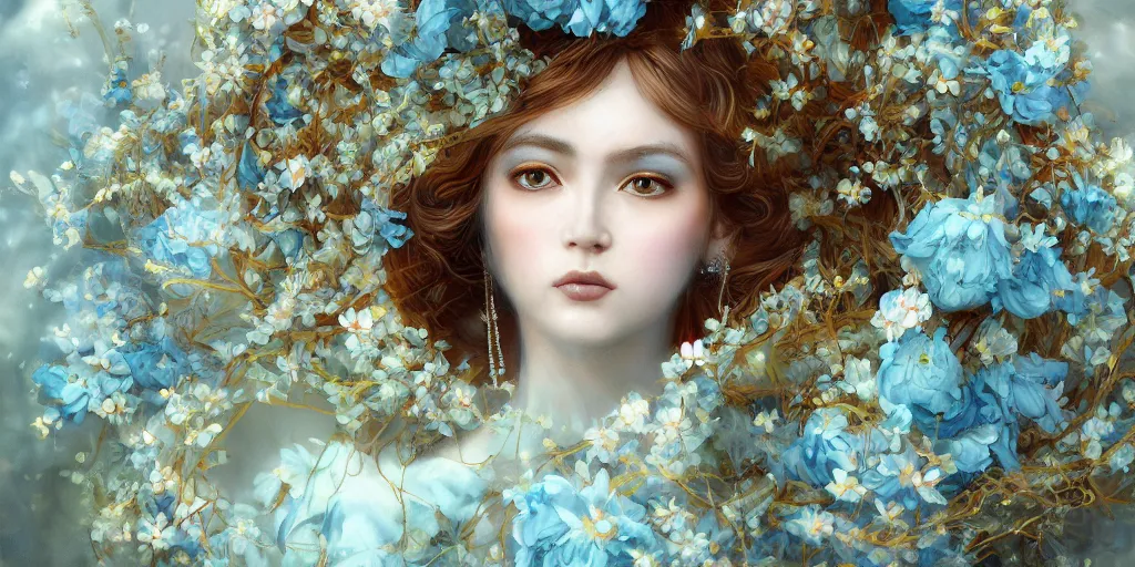 Prompt: breathtaking detailed concept art painting portrait of few hugs goddess of light blue flowers, carroty hair, orthodox saint, with anxious piercing eyes, ornate background, amalgamation of leaves and flowers, by hsiao - ron cheng, extremely moody lighting, 8 k
