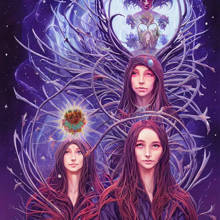 Prompt: non - ordinary girl of # magic the gathering, stars of spirit, by peter rohrabacher annatto finnstark | flowers of purity, future heaven plants by leiko ikemura, and ilya kuvshinov | sparkling atom fractules of skulls and mechs deep under the spine cords, by alex grey and hr giger