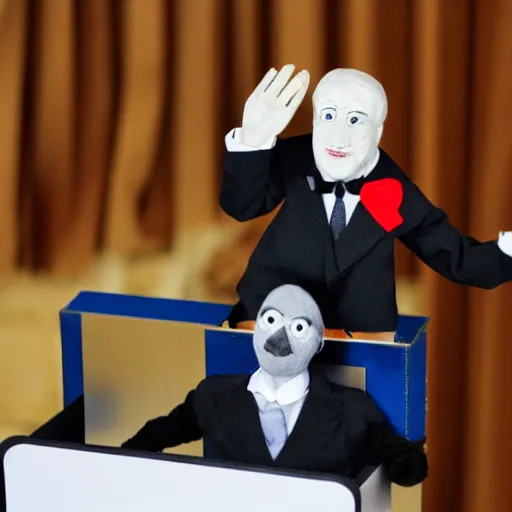 Image similar to puppeteer using marionette of a president in a podium