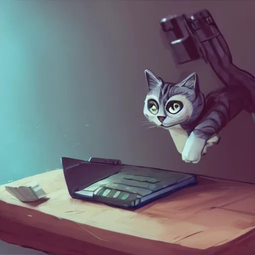 Image similar to a puppet cat is lying on the computer table, characterized by roman shipunov, etienne hebinger, atey ghailan, cgsociety, fantasy art, 2 d game art