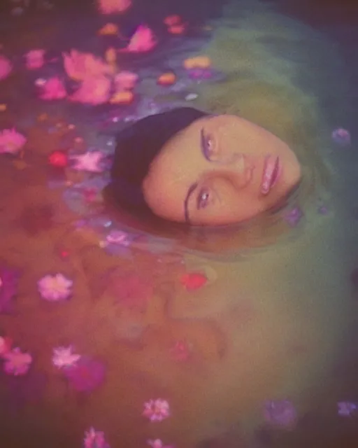 Prompt: oversaturated, burned, light leak, expired film, photo of a woman's serene face submerged in a flowery milkbath, rippling liquid, vintage glow