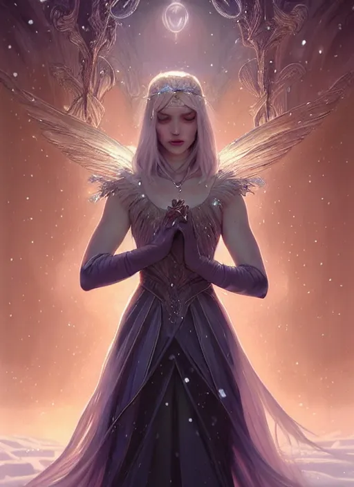 Image similar to a beautiful cinematic female winter goddess, cristal dress, ice wing, galatic shamen with quantum energy fantasy, fantasy magic, undercut hairstyle, dark light night, intricate, elegant, sharp focus, illustration, highly detailed, digital painting, concept art, matte, art by wlop and artgerm and greg rutkowski and alphonse mucha, masterpiece