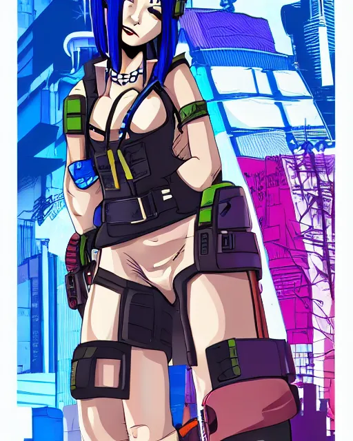 Image similar to cel shaded art of a pretty blue haired girl, jet grind radio graphics, cyberpunk city street background