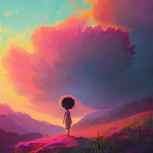 Image similar to giant carnation flower head, girl hiking in the mountains, surreal photography, sunrise, dramatic light, impressionist painting, colorful clouds, digital painting, artstation, simon stalenhag