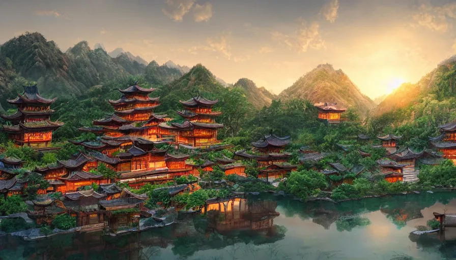 Image similar to chinese village built around a lake with forest at the foot of green gigntic mountains at sunset, fireplace, hyperdetailed, artstation, cgsociety, 8 k