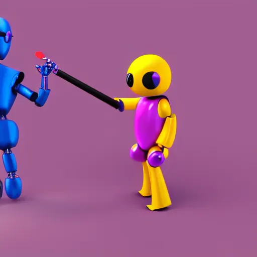 Image similar to a photorealistic 3 d render made in blender of a colourful friendly robot being poked in the eye by a man with a stick. background is a purple gradient