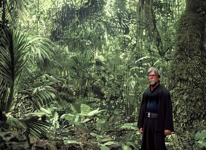 Image similar to screenshot portrait of luke skywalker at the new jedi temple in the jungle. played by actor Mark Hammill, Photographed with Leica Summilux-M 24 mm lens, ISO 100, f/8, Portra 400