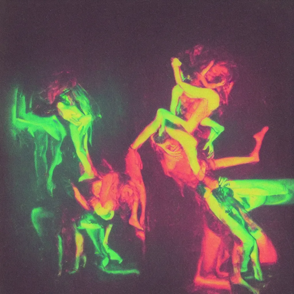 Prompt: a glitched polaroid full body portrait of a man and woman embracing and writhing together and intertwined in a dark foggy neon nightclub