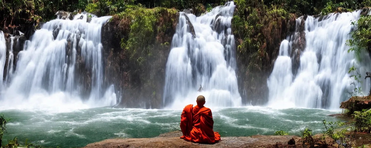 Image similar to a simply breathtaking shot of mediating monk at pongour falls in dalat, 7 layers waterfall, dang ngo