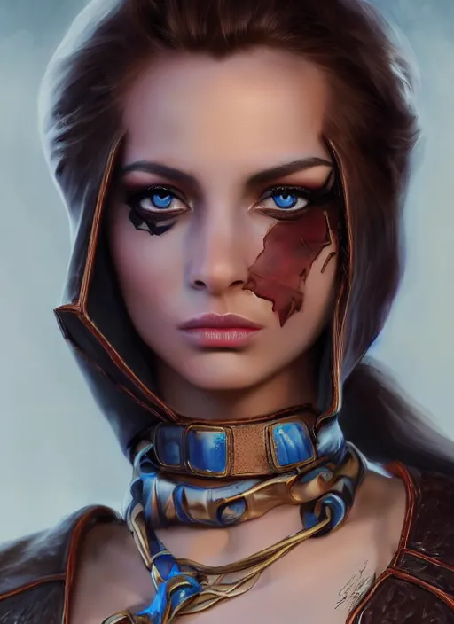 Image similar to Beautiful Arab girl with blue eyes, leather, portrait, fantasy, medieval, vivid colors, fantasy, elegant, concept art, sharp focus, beautiful face, digital art, Hyper-realistic, 4K, Unreal Engine, Highly Detailed, HD, Dramatic Lighting by Brom, trending on Artstation