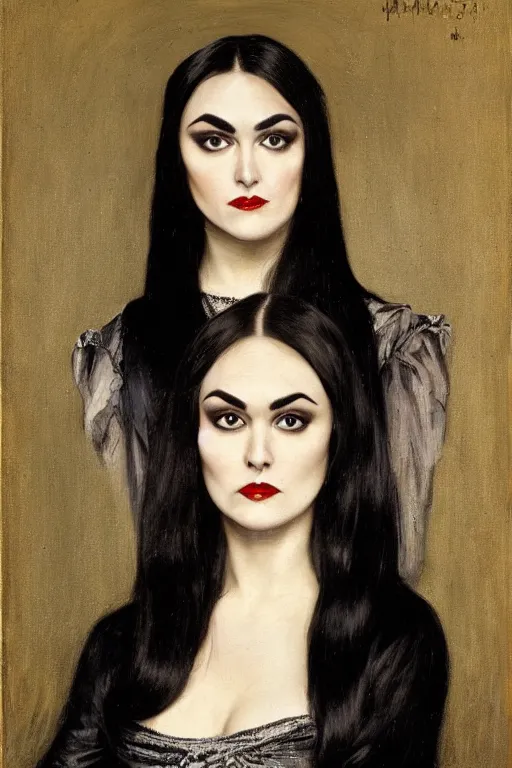 Image similar to upper body portrait sasha grey as morticia addams by alfred stevens