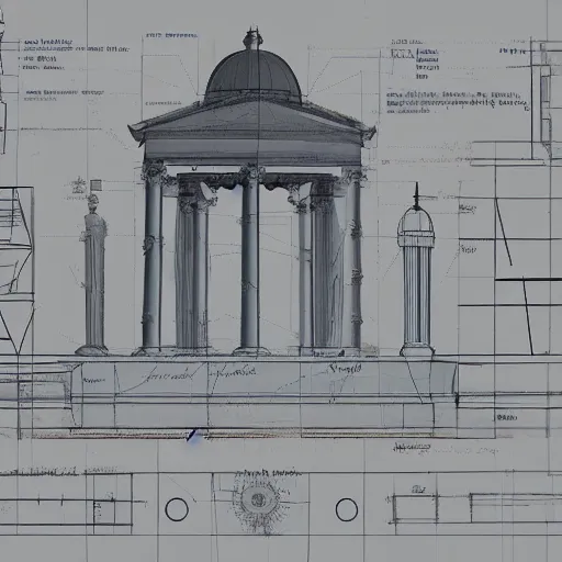 Image similar to architectural blueprint of a public sculpture, drawn to scale with orthographic views