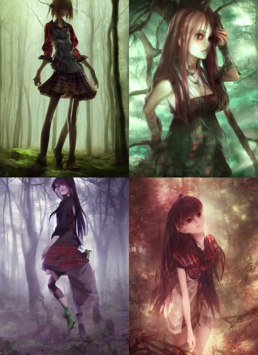 Prompt: sarah humpfrey as a woman in plaid miniskirt standing in a dark forest, anime style, by yoshitaka amano, by wenjun lin, digital drawing, gorgeous face, octane render
