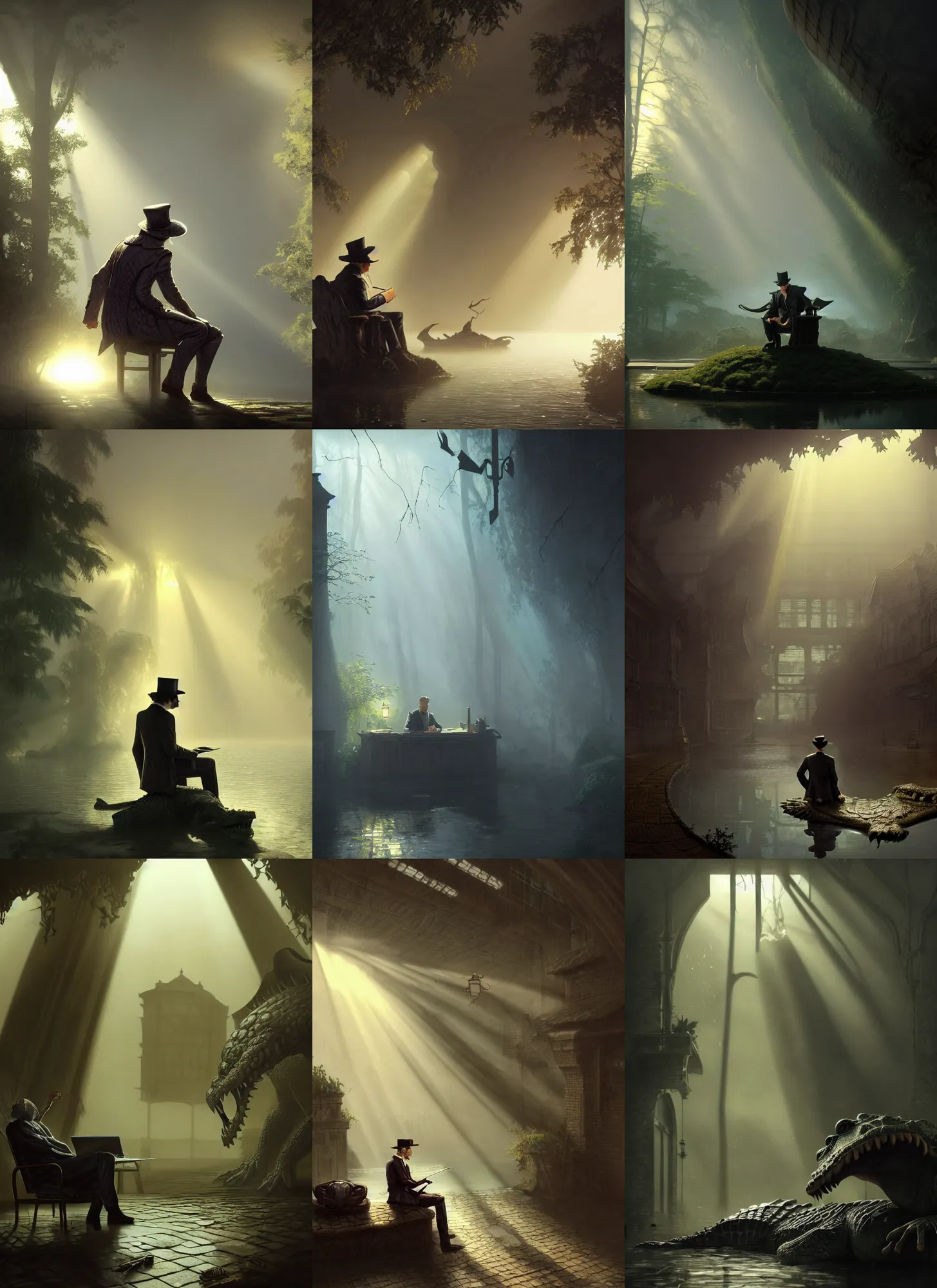 Prompt: Anthropomorphic crocodile!!!!!!! (((detective))) in trenchcoat sitting in his office, mist, sunrays, dust in the air, DnD character, unreal engine, octane render, dramatic lighting, pond, digital art, by Stanley Artgerm Lau, greg rutkowski, thomas kindkade, alphonse mucha, loish, norman Rockwell
