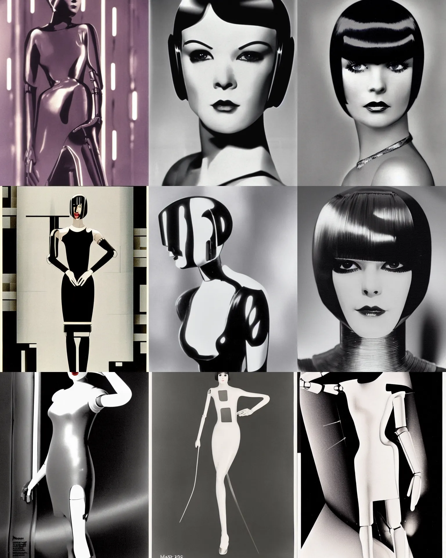 Prompt: mary louise brooks is half robot, chrome skin, 1 9 8 0 s airbrush, clean lines, futuristic, blade runner, dress made with circuit tracks