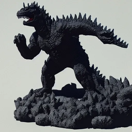 Prompt: high quality 3 d printed statue of godzilla stomping on cars